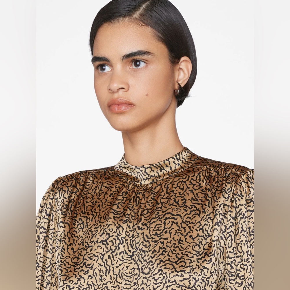 FRAME DENIM- Shirred Mock Neck Blouse-
in Beige Multi - Picture 4 of 9